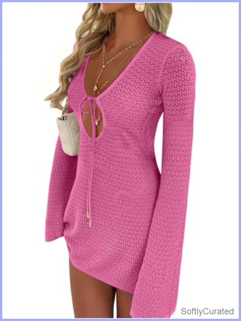 Crochet Swim Cover Up, V Neck Mesh Knit Beach Dress, Long Sleeve
